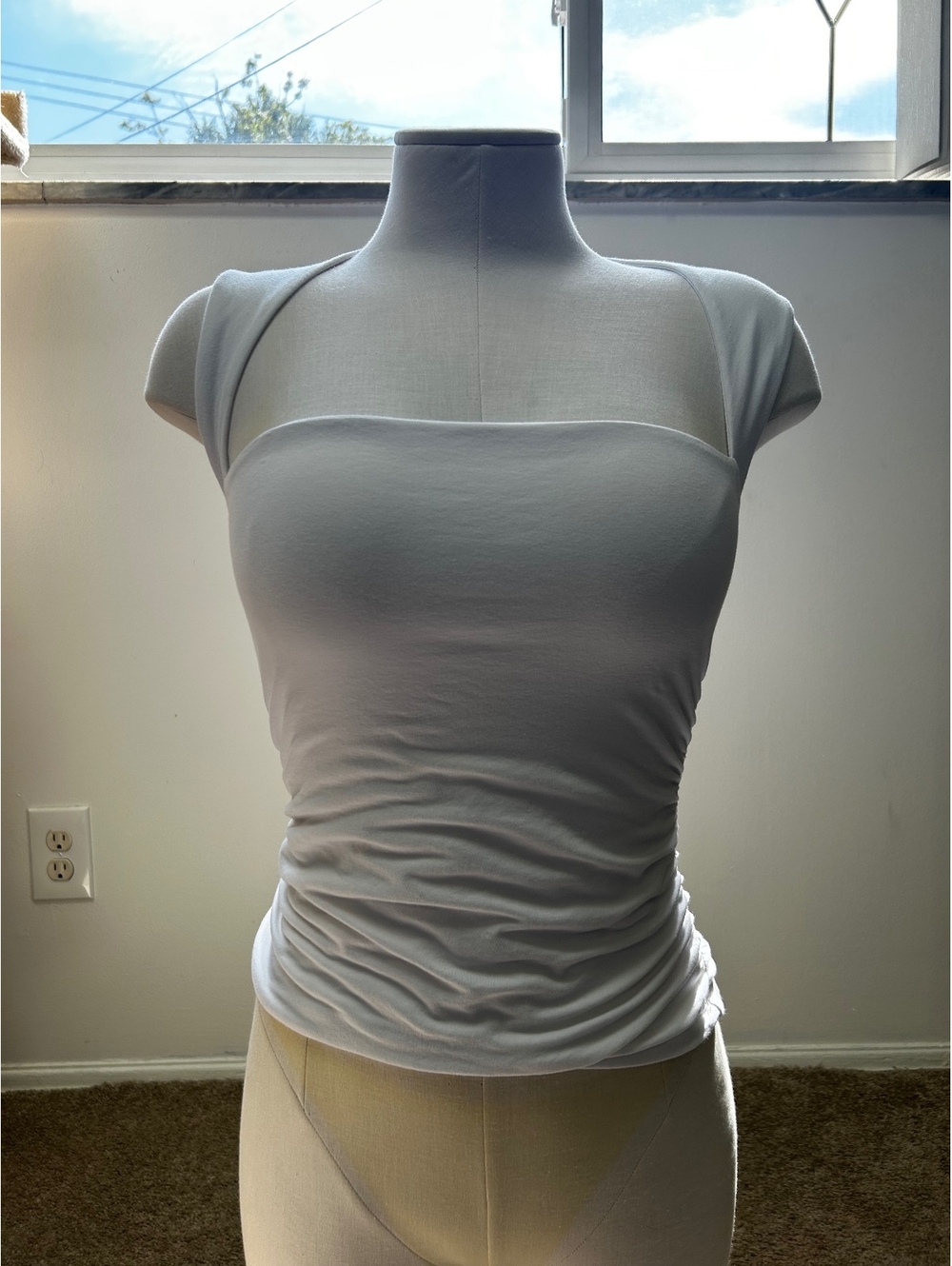 Abercrombie & Fitch Women's White Square Neck Ruched Cap Sleeve Top Medium